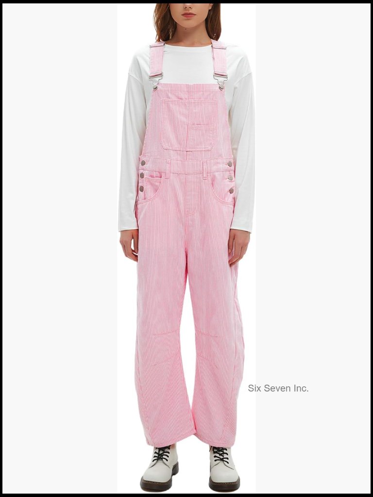 Women's Striped Bib Overall Barrel Casual Tapered Wide Leg Adjustable Strap